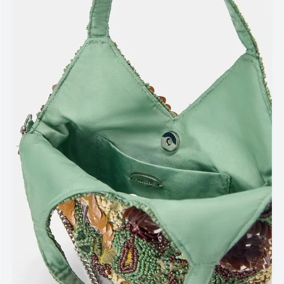 Pull&Bear Green and Brown Beaded Shoulder Bag - Picture 3 of 4